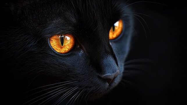 Sleek black cat with intense amber eyes peering from the darkness
