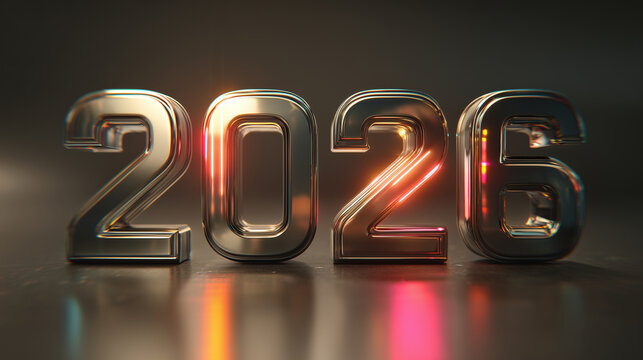 A black background illustration shows the new year 2026 with glowing neon light text and a happy celebration design sign