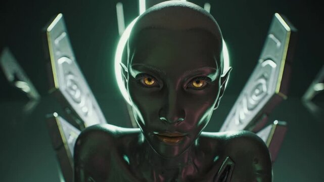 Reine andro&iuml;de &eacute;th&eacute;r&eacute;e aux yeux dor&eacute;s dans un tr&ocirc;ne de lumi&egrave;re