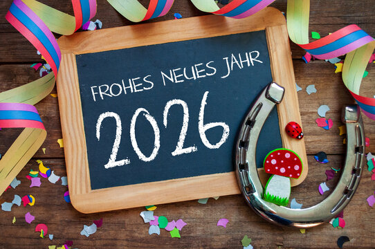 Wooden hang tag and slate with four leaf clover and sparklers with the german words for happy new year - frohes neues jahr 2026 on wooden weathered background