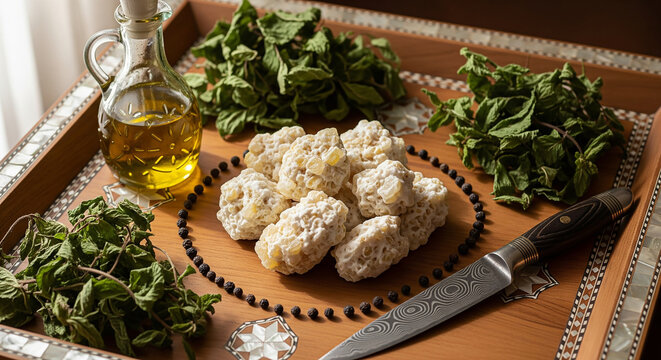 Still life of dried Syrian Kashk with mint, olive oil, and a chef's knife