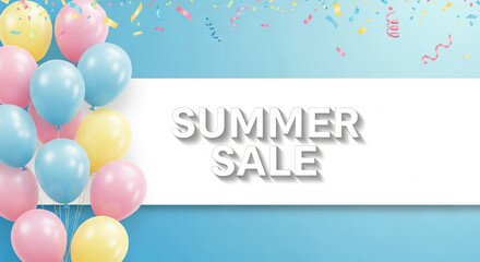 Composition of pastel balloons with colorful confetti, a white banner with text. Represents festive promotion, summer sale, seasonal discounts