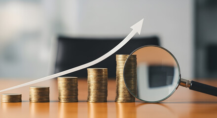 Financial Growth Magnified: A close-up shot presents stacks of coins, symbolizing financial growth, with an upward-pointing arrow and a magnifying glass for analysis.