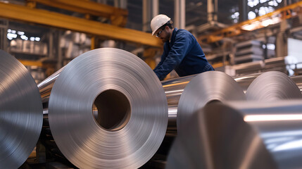 Industrial worker inspecting metal rolls in factory. Manufacturing process and quality control for sheet metal in a facility. Worker wearing protective gear.
