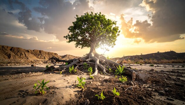 A lone tree with exposed roots stands on a small mound in a barren landscape under a dramatic sky with setting sun. - Powered by Adobe