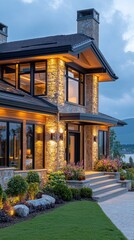 Obraz premium Stone home at dusk. Lit entrance, lawn, rocks, with moody sky backdrop