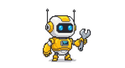 Fototapeta premium A pixel art illustration of a cute little robot with a body and head, holding a silver wrench in its hand. The robot has blue eyes on a white background.
