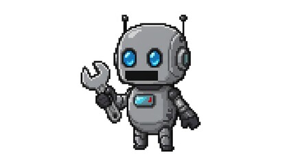 Fototapeta premium A pixel art illustration of a cute little robot with a body and head, holding a silver wrench in its hand. The robot has blue eyes on a white background.