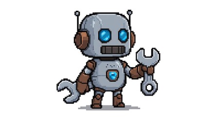 A pixel art illustration of a cute little robot with a body and head, holding a silver wrench in its hand. The robot has blue eyes on a white background.