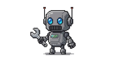 A pixel art illustration of a cute little robot with a body and head, holding a silver wrench in its hand. The robot has blue eyes on a white background.
