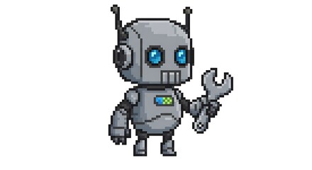 A pixel art illustration of a cute little robot with a body and head, holding a silver wrench in its hand. The robot has blue eyes on a white background.