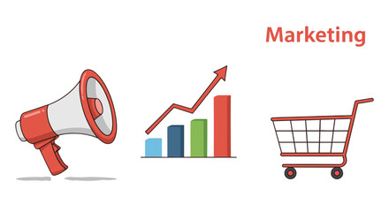 Marketing concept vector illustration. Business promotion with megaphone, sales growth chart, and shopping cart. Advertising campaign for e-commerce and retail success.