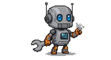 A pixel art illustration of a cute little robot with a body and head, holding a silver wrench in its hand. The robot has blue eyes on a white background.