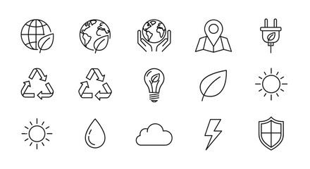 Ecology line icon set. Environment, sustainability, renewable green energy concept symbols. Vector icons of earth, recycling, leaf, sun, water, nature, eco-friendly power.