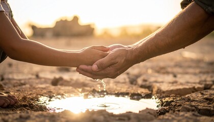 An adult and child cup their hands together, collecting precious drops of water over dry, cracked earth.