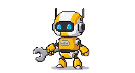 A pixel art illustration of a cute little robot with a body and head, holding a silver wrench in its hand. The robot has blue eyes on a white background.