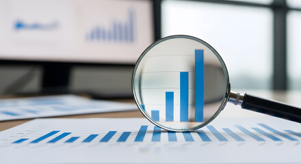 Magnifying Business Growth: A magnifying glass focuses on rising charts, illustrating meticulous market analysis and growth potential within a modern workspace.