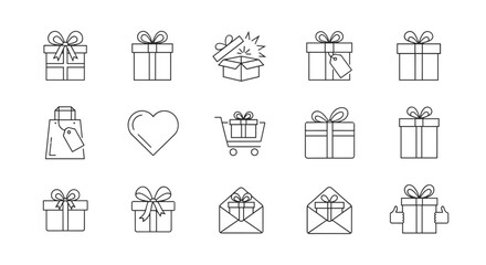 Gift box and present thin line icon set. Vector symbols for celebration, birthday, or Christmas. Graphic elements for online shopping, sales, love, rewards, and surprise concepts.