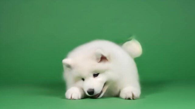 Charming samoyed puppy animation, featuring playful expressions and adorable poses on a vibrant
