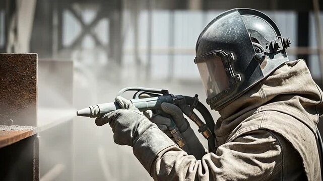 Sandblasting precision: Skilled worker cleans surface with powerful tool