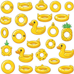 Create a kinds of deferent yellow swim ring vector art with white background..