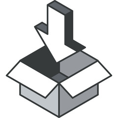 Isometric illustration of a white arrow pointing downwards into an open gray cardboard box on a transparent background representing the concept of delivery or input in a simplistic graphic style