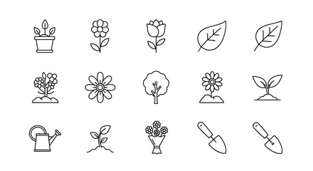 Garden plant and flower line icon set. Vector collection of nature, growth, botanical symbols. Includes potted plant, rose, leaf, tree, sprout, watering can, shovel, bouquet.