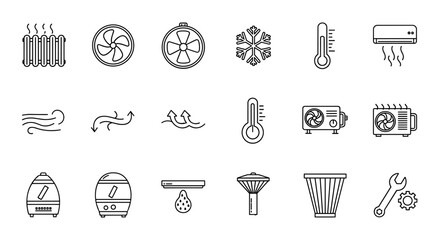 HVAC line icons set. Heating, ventilation, and air conditioning collection. Climate control symbols like radiator, fan, cooler, thermometer, humidifier, and AC unit. Service and repair.