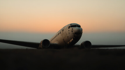 Wreckage of an aircraft resting on a desolate landscape. A haunting scene of decay and abandonment.