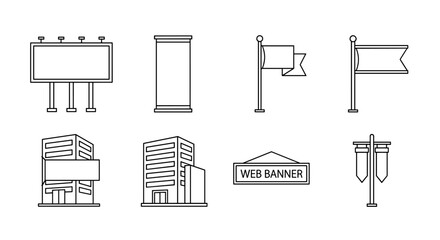 Outdoor advertising line icon set. Urban marketing and promotion vector elements. Includes blank billboard, building facade with sign, flags, roll up stand for branding.