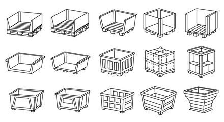 Industrial containers on pallets, storage bins, and crates collection. Warehouse equipment for transport and shipping. Vector line art illustration icon set. Isometric.