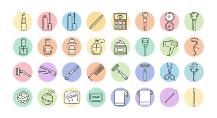 Beauty and personal care line icon set. Vector collection of cosmetics, makeup, and hygiene symbols. Lipstick, mascara, razor, soap, perfume, hair dryer. Outline pictogram pack.