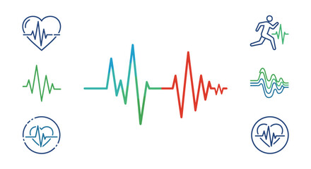 Heartbeat line and pulse vector icon set. Cardio EKG wave graph for medical health. Heart rate monitor. Fitness, running and exercise activity symbol. Cardiology care logo.