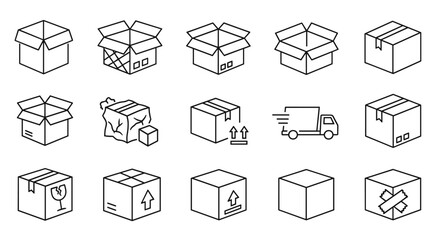Logistics and shipping line icon set. Package delivery, transport truck, open and closed cardboard box. Fragile, handle with care, and damaged parcel vector symbols.