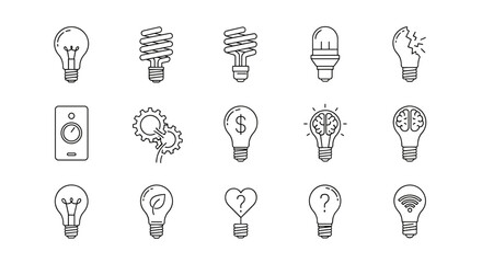 Light bulb icon set vector collection. Standard, LED, CFL, broken, eco friendly, smart wifi, brain idea, question and innovation symbols. Line art for energy, tech, and idea concepts.