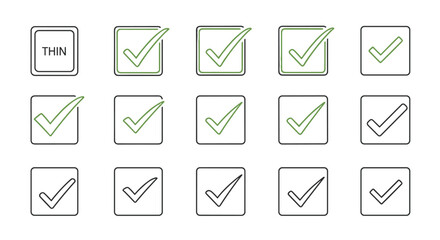 Check mark icon set. Green tick in a square box. Thin line style. Correct, vote, check, ok, yes, approved sign. Checklist, survey, selection, confirmation element. Vector.