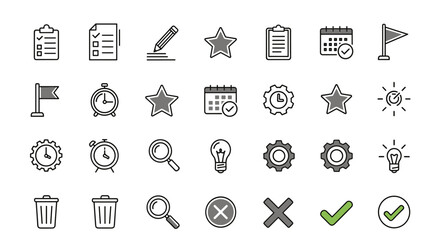 Task management and productivity vector icon set. Web UI elements for planning, schedule, and business goals. Includes checklist, calendar, clock, star, checkmark and search icons.