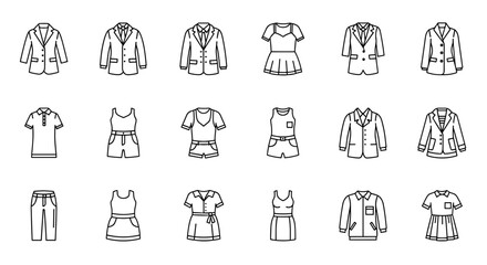 Clothes and fashion line icon set. Vector collection of various garments for men and women. Includes suit, jacket, dress, shirt, pants. Apparel symbols for web design.