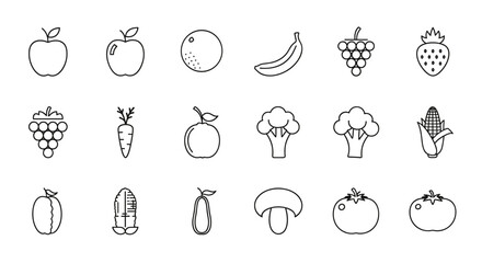 Fruit and vegetable icon set. Linear symbols collection. Healthy food grocery concept. Apple, grape, carrot, broccoli, corn, tomato. Minimalist outline vector illustration.