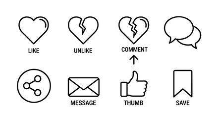 Social media icons set. Like, unlike, comment, share, message, save, thumb up. User interface buttons for web design, app development. Modern thin line vector symbols pack.