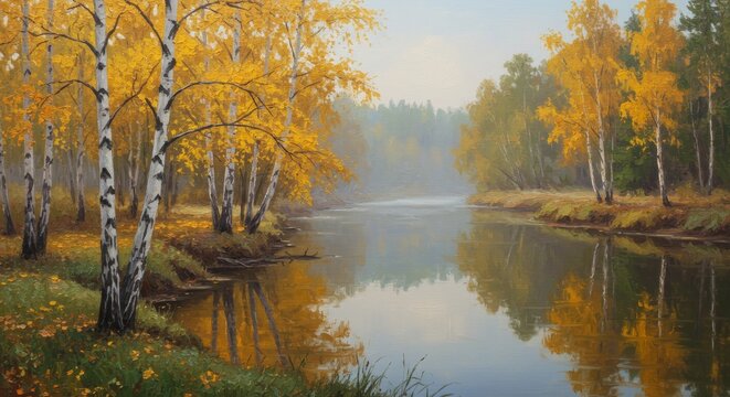 River flowing through autumn forest with birch trees. Picturesque landscape with vibrant fall foliage. Nature beauty concept. - Powered by Adobe