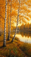 Fototapeta premium River flowing through autumn forest with birch trees. Picturesque landscape with vibrant fall foliage. Nature beauty concept.