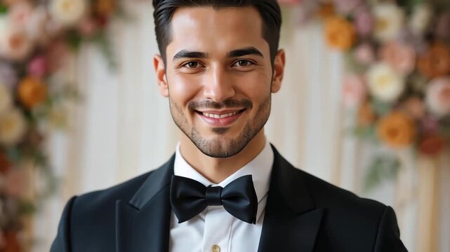 Elegant man in tuxedo smiling at camera indoors. Luxury celebration atmosphere