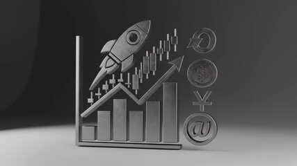 Conceptual visualization of fast-growing startup venture with ascending bar chart and rocket - Powered by Adobe