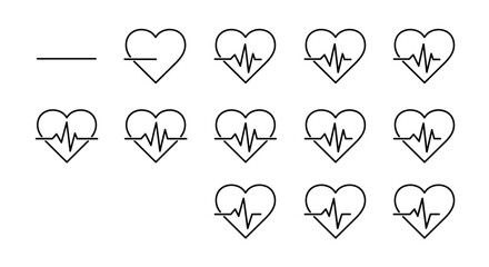 Heartbeat line icon set. Cardiogram pulse symbol in heart shape. Health, medicine, and cardiology concept. ECG EKG rhythm graph. Vector illustration for medical design.