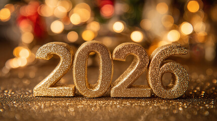 A vibrant gold and new 3d design illustration card features happy new year 2026 text with fireworks and holiday celebration symbols