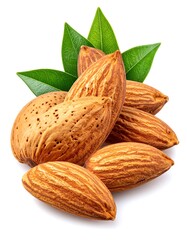 A close-up shot showcasing a pile of brown almonds, some shelled and some in their shells, alongside fresh green leaves