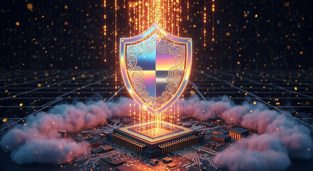 Digital image of iridescent shield above a circuit board with binary code. Symbolizes network security, data protection, and cybersecurity concept