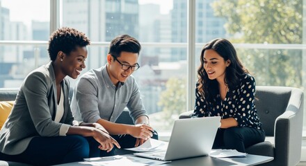 Three diverse coworkers sitting together in a modern office lounge, discussing documents and smiling while looking at a laptop. Bright natural light, casual professional clothing, teamwork