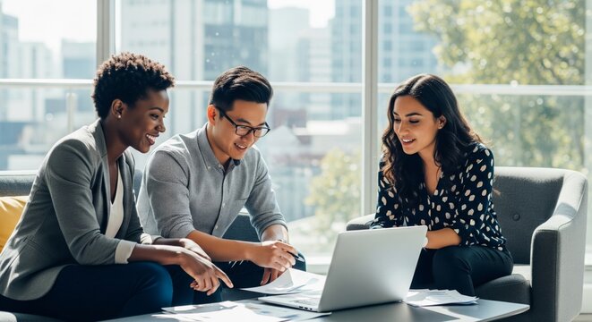 Three diverse coworkers sitting together in a modern office lounge, discussing documents and smiling while looking at a laptop. Bright natural light, casual professional clothing, teamwork